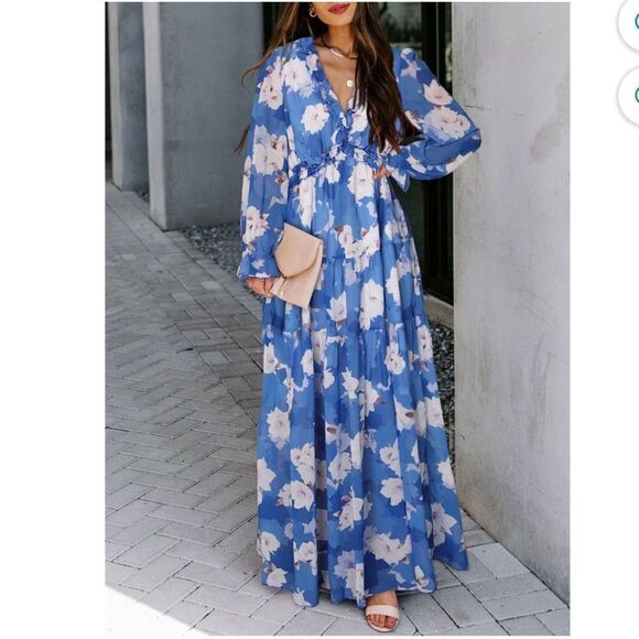 Casual Floral Deep V Neck Long Sleeve Long Evening bohemian Cocktail dress - Picture 1 of 12